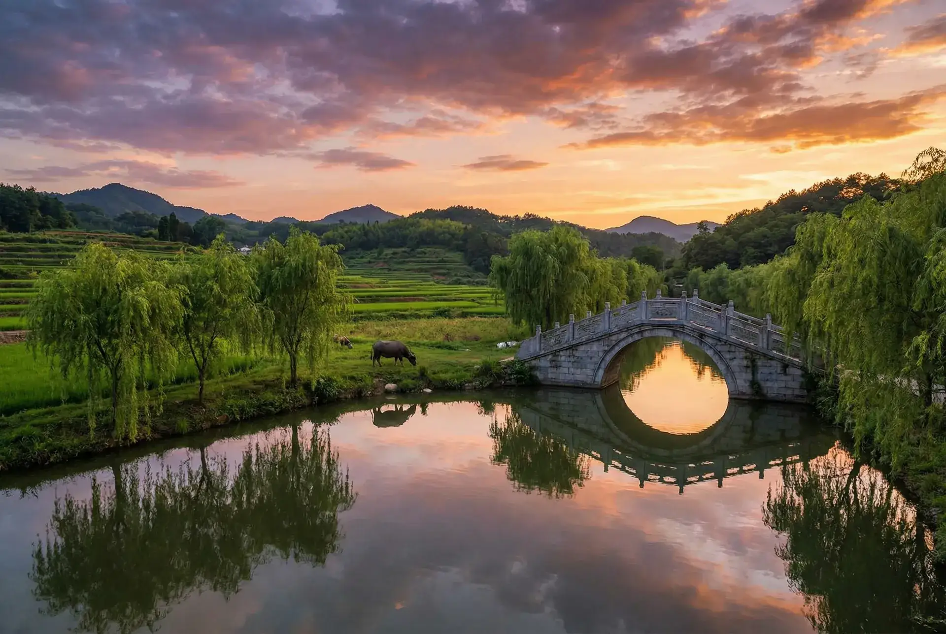 夕阳下的石拱桥与垂柳，水牛在河边吃草 - 危情三日下载 乡村美景